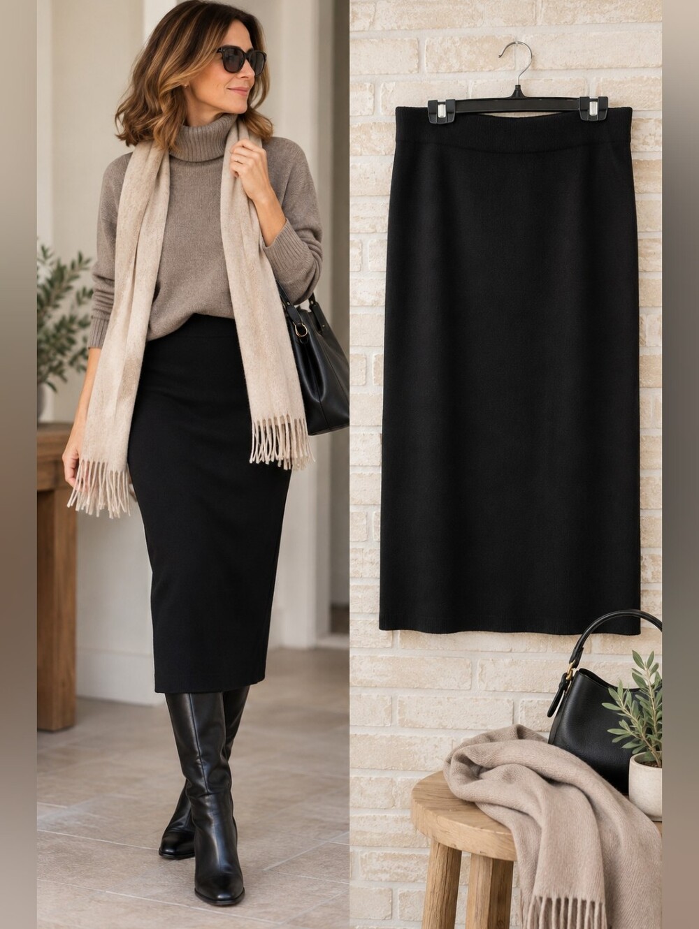 George Black Knit Midi Skirt L Pull-On Stretch Straight Minimalist Classic